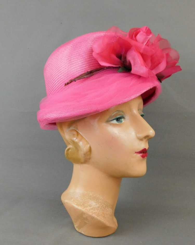 Vintage Bright Pink Straw Hat with Flowers and Tu… - image 3