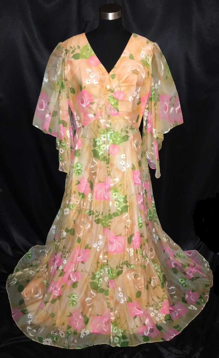 Vintage Sheer Overlay FLORAL Hostess Gown / Dress… - image 1