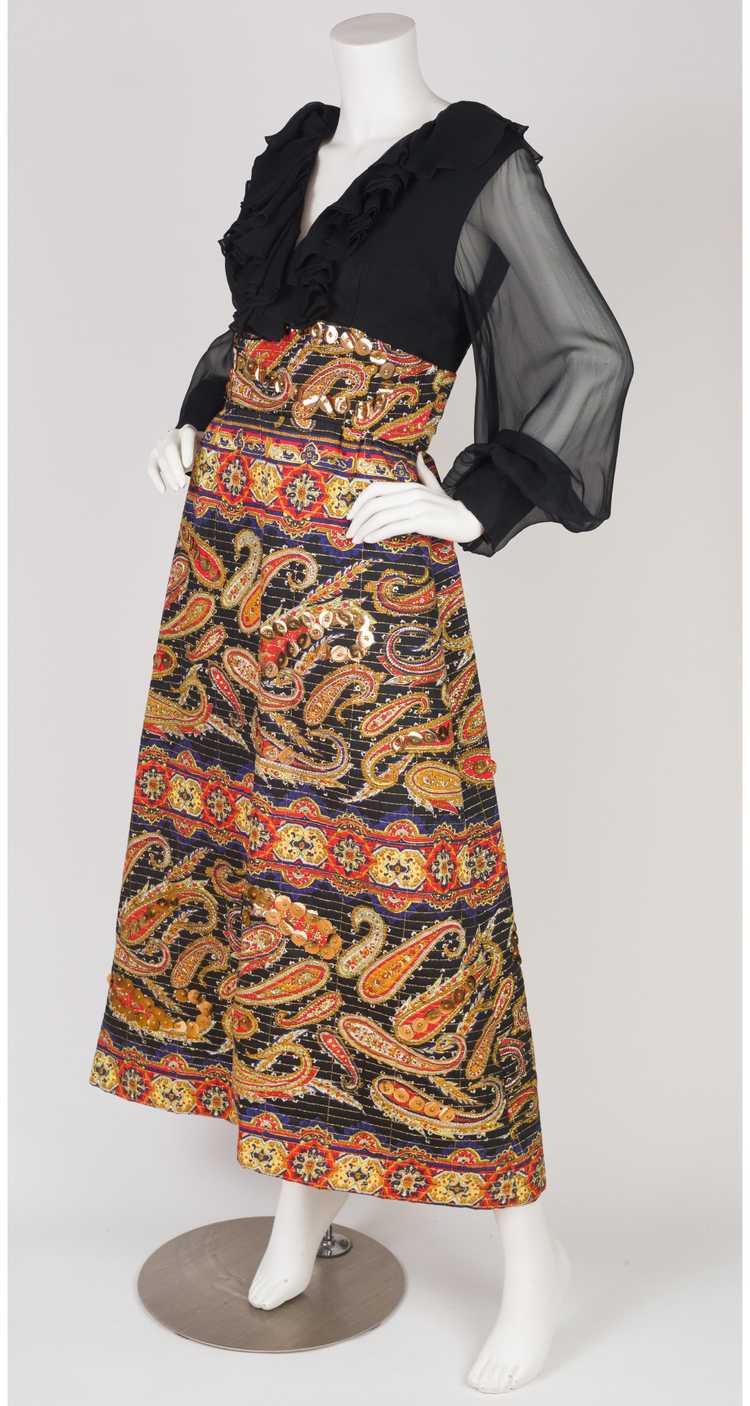 Mollie Parnis 1970s Black Chiffon & Quilted Paisl… - image 3