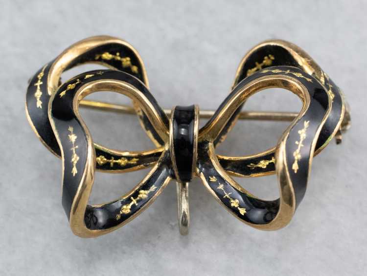 Vintage Black Enamel Gold Bow Brooch - image 1