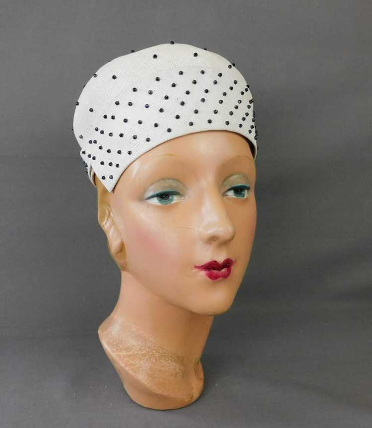Vintage White Straw Hat with Black Studs, 1950s, … - image 3