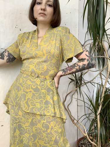 1940s Yellow Printed Dress