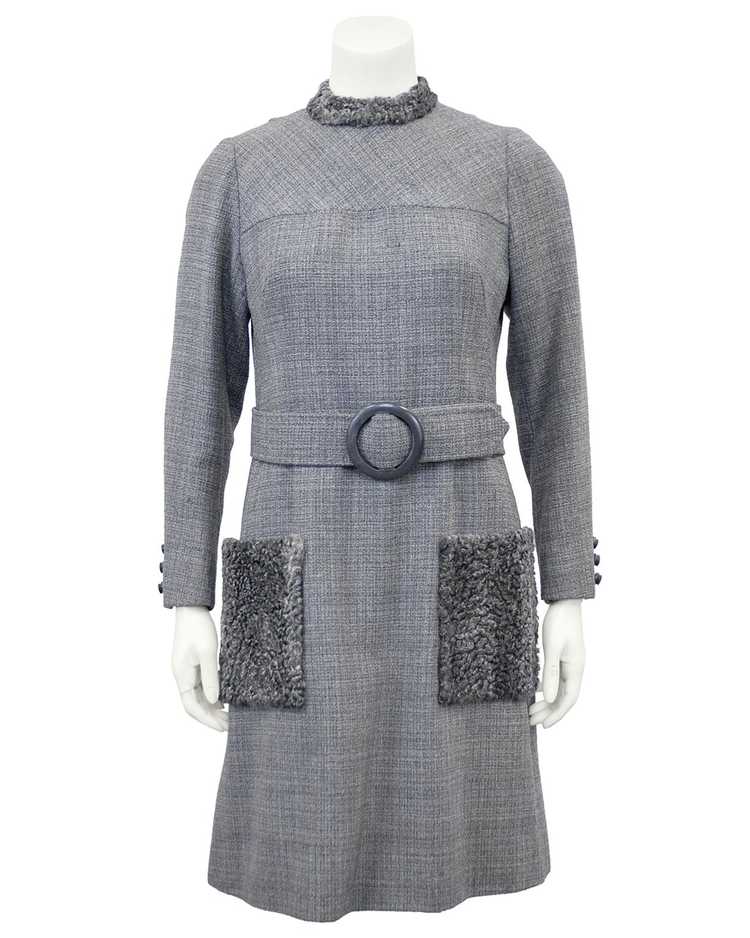 Grey Wool Weave Shift Dress with Persian Lamb Det… - image 3