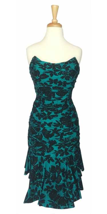 A.J. Bari Ruched Strapless Tiered Green and Black… - image 1