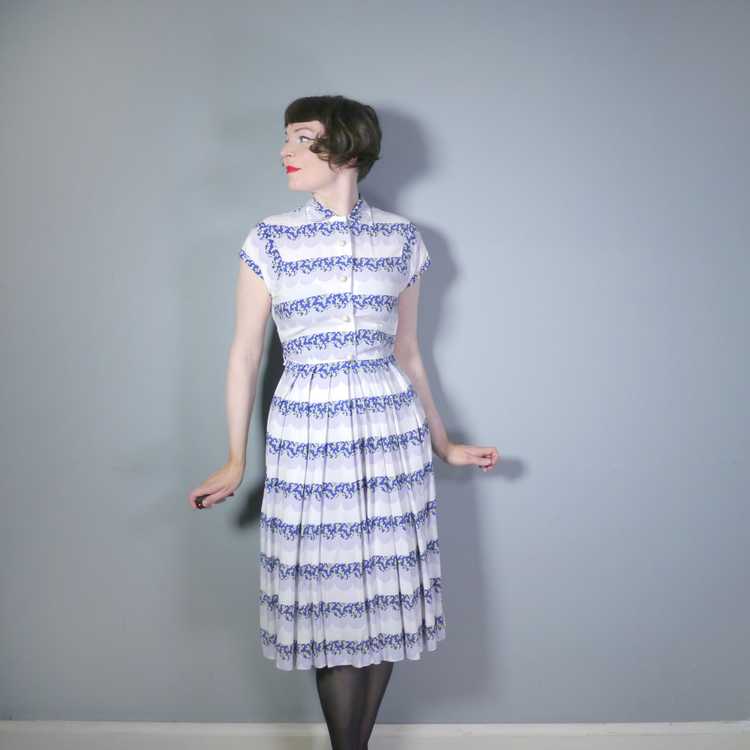 40s BLUE WHITE AND GREY TEA / SHIRT DRESS WITH SC… - image 3