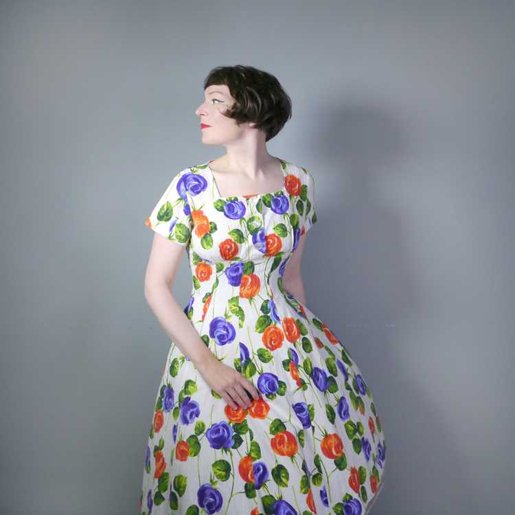 50s 60s PURPLE AND ORANGE FLORAL FIT AND FLARE CO… - image 4