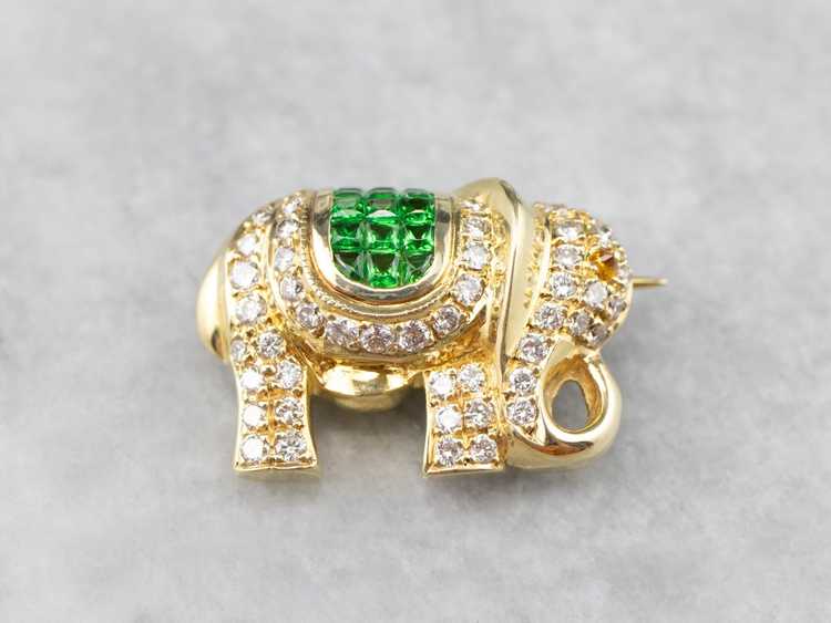 Diamond Tsavorite Garnet Gold Elephant Brooch - image 1