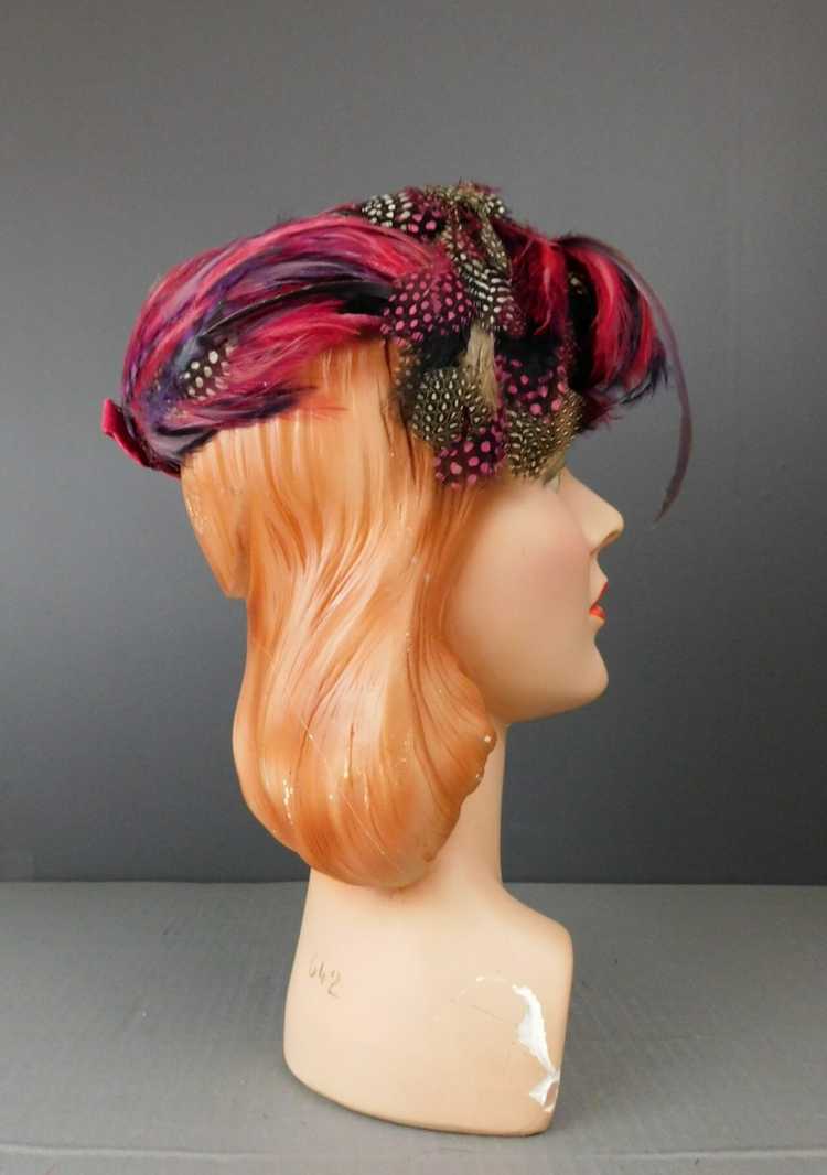 Vintage Dramatic Feather Hat Pink, Black & White,… - image 6