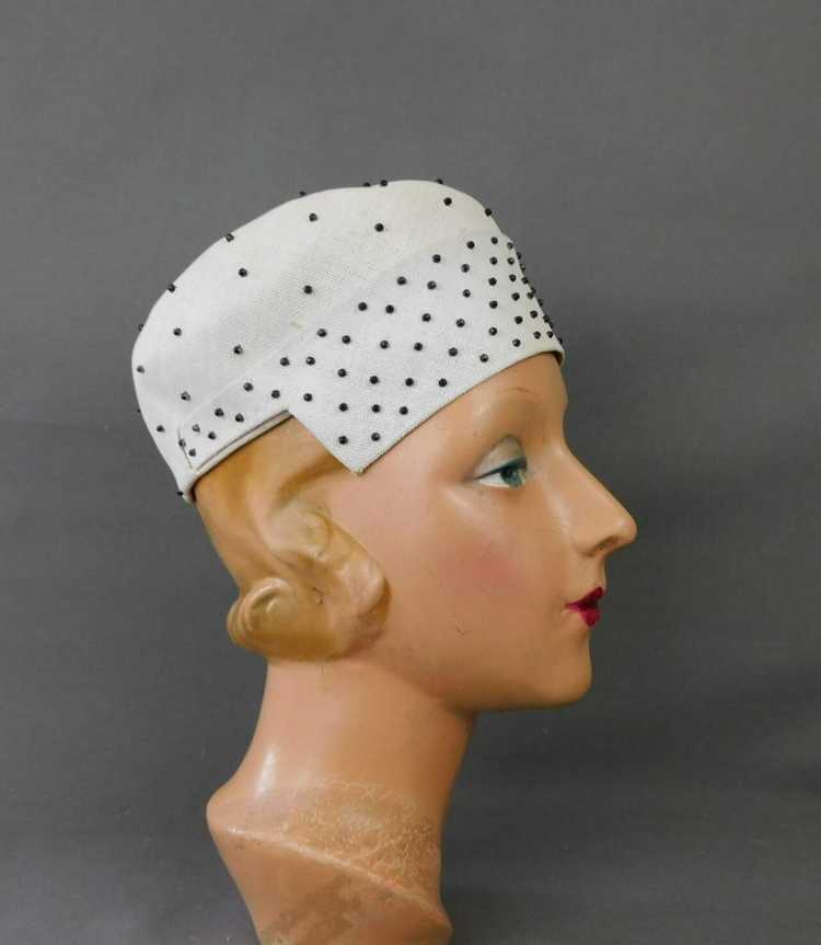 Vintage White Straw Hat with Black Studs, 1950s, … - image 4