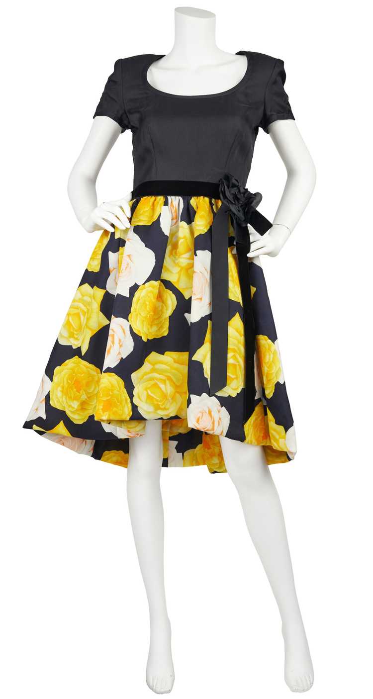 1980s Couture Rose Print Full Skirt Cocktail Dress - image 1