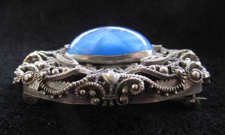Vintage Fancy Filigree Brooch Pin Blue Glass Faux… - image 2
