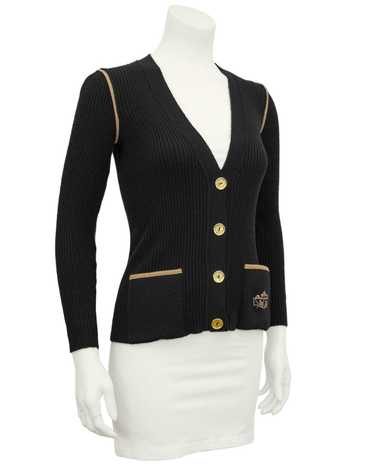 Marelli Black Wool Ribbed Cardigan With Tan Accent