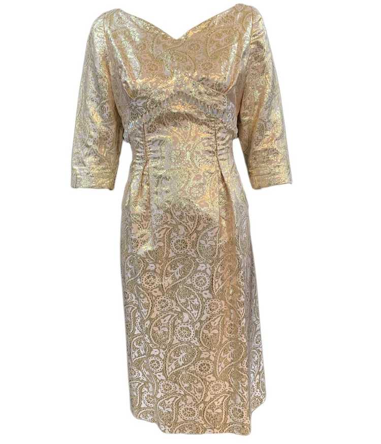 60s dress gold lame jacquard cocktail wiggle dress - image 1
