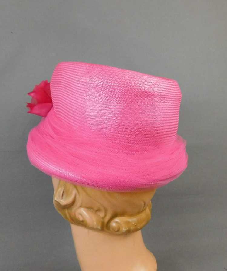 Vintage Bright Pink Straw Hat with Flowers and Tu… - image 6