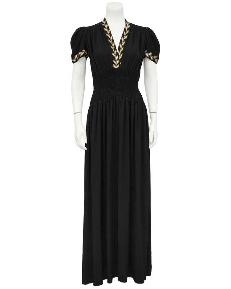 Black Moss Crepe and Gold Thread Evening Dress - image 3