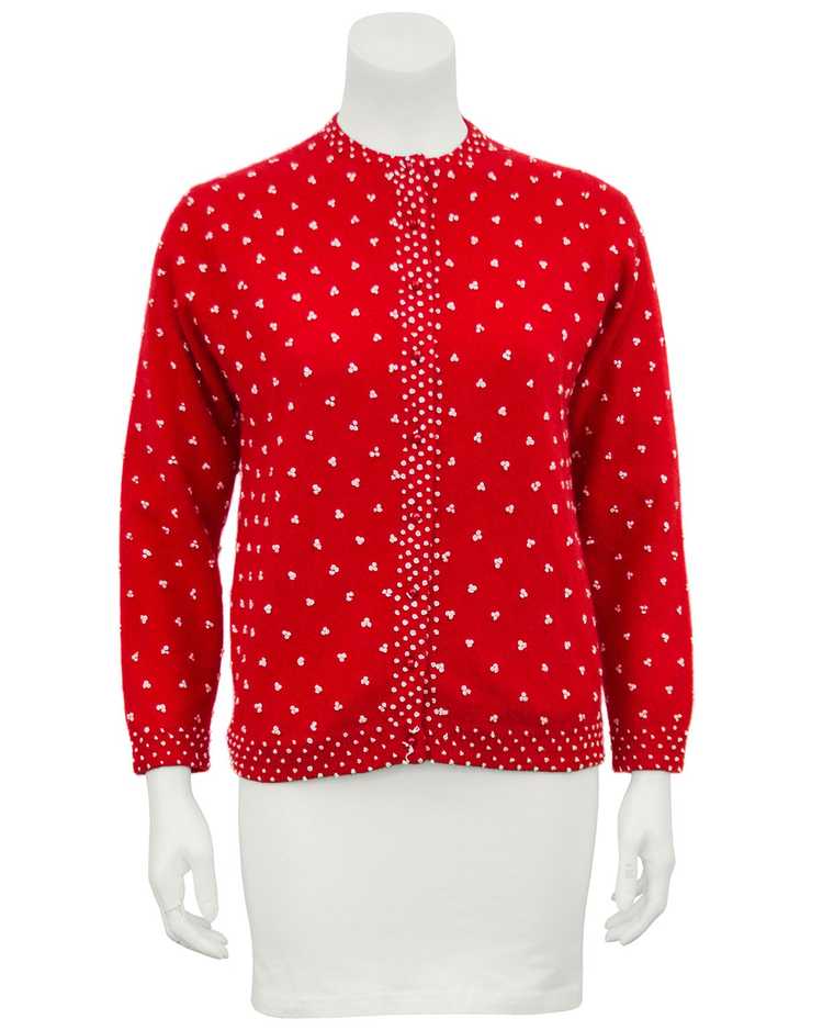 Red Knit Cardigan with French Knot Details - image 3