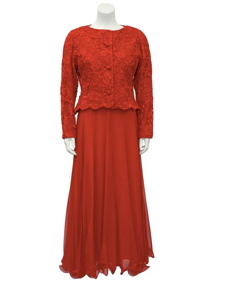 Scaasi Red Lace and Satin Gown With Jacket - image 4