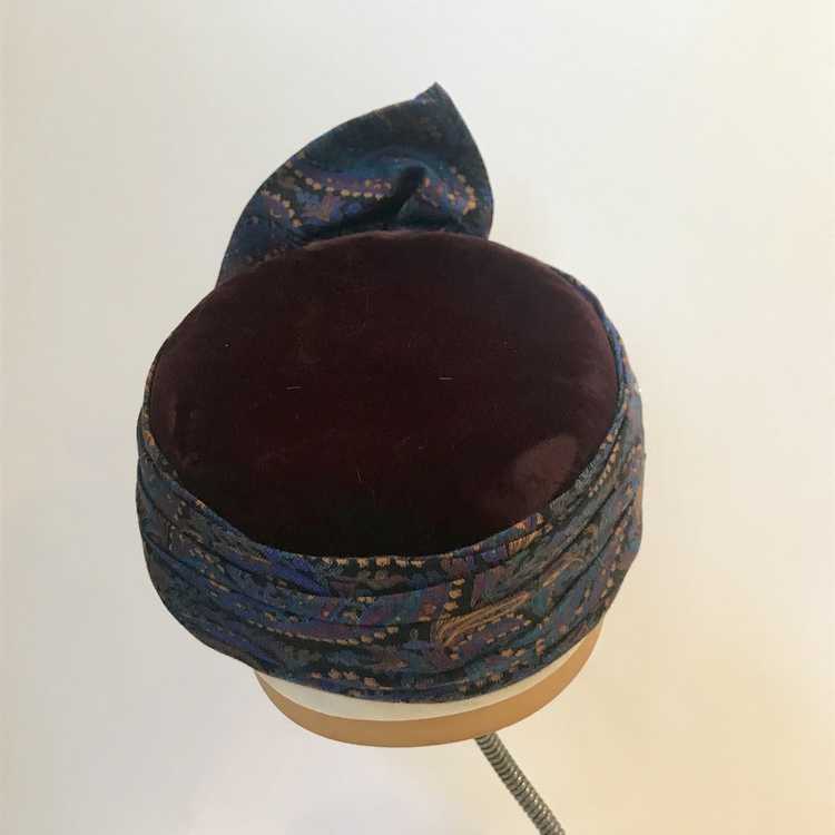 Paisley, Velvet & Rhinestone Turban Style Pillbox… - image 2
