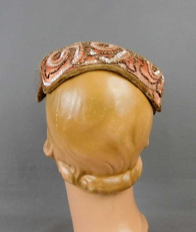 Vintage Beaded and Sequin Brown Satin Evening Hat… - image 3