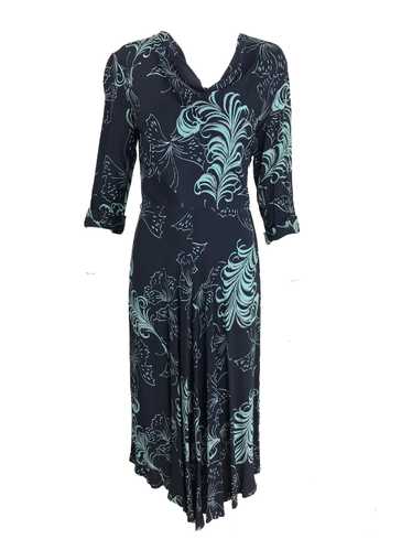 1940s Plume and Butterfly Rayon Print Day Dress