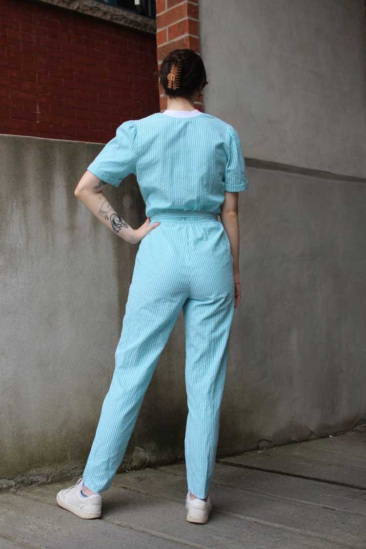 Vintage Teal Pinstriped Jumpsuit - S - image 2