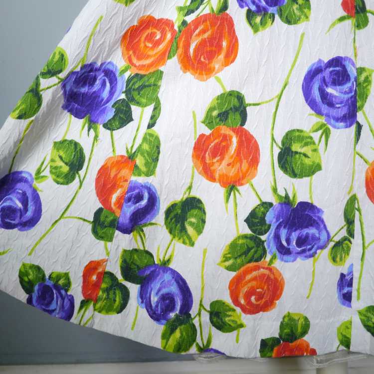50s 60s PURPLE AND ORANGE FLORAL FIT AND FLARE CO… - image 9