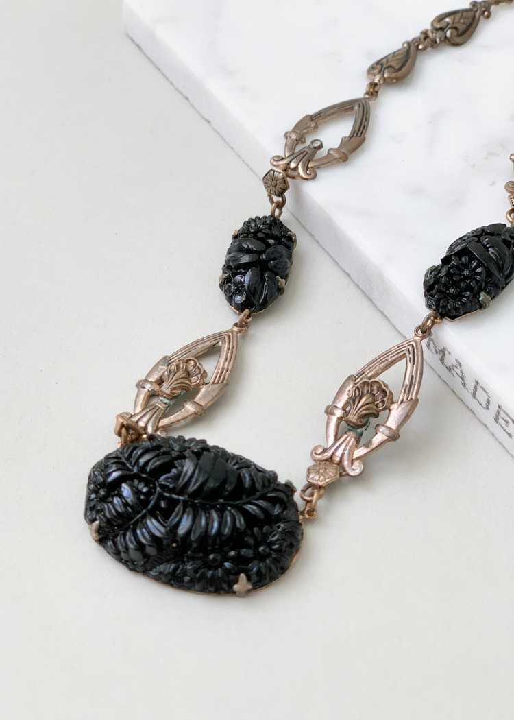 Vintage 1930s Black Glass and Brass Necklace - image 1