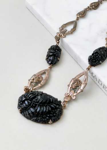 Vintage 1930s Black Glass and Brass Necklace
