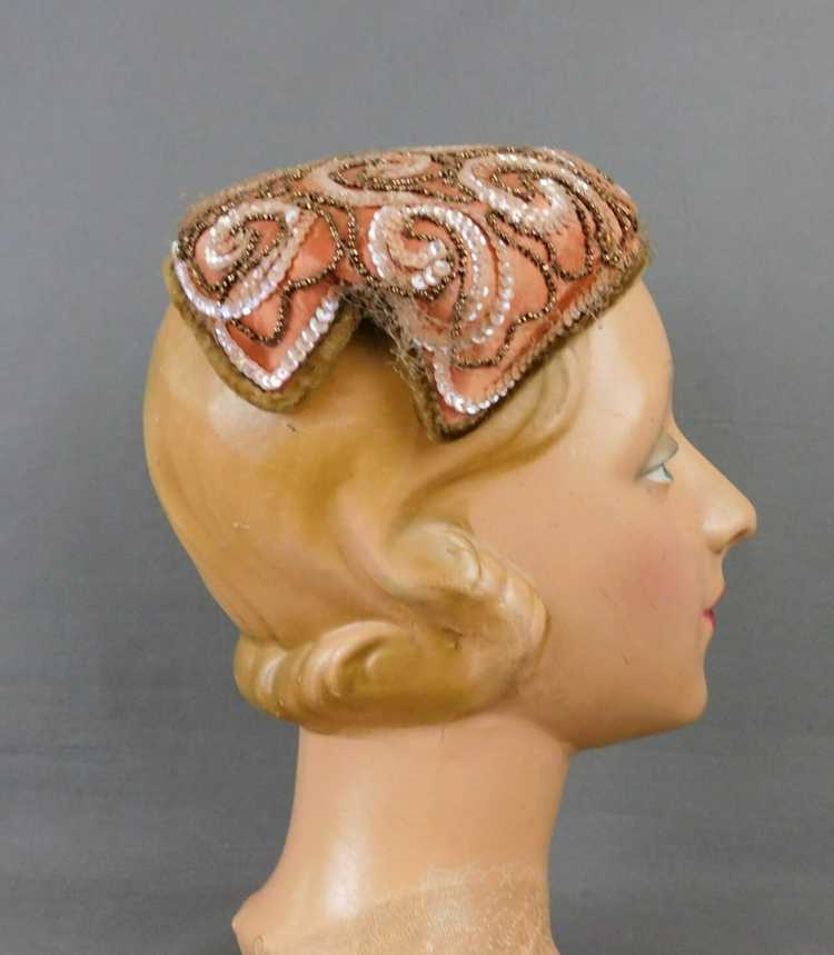 Vintage Beaded and Sequin Brown Satin Evening Hat… - image 5