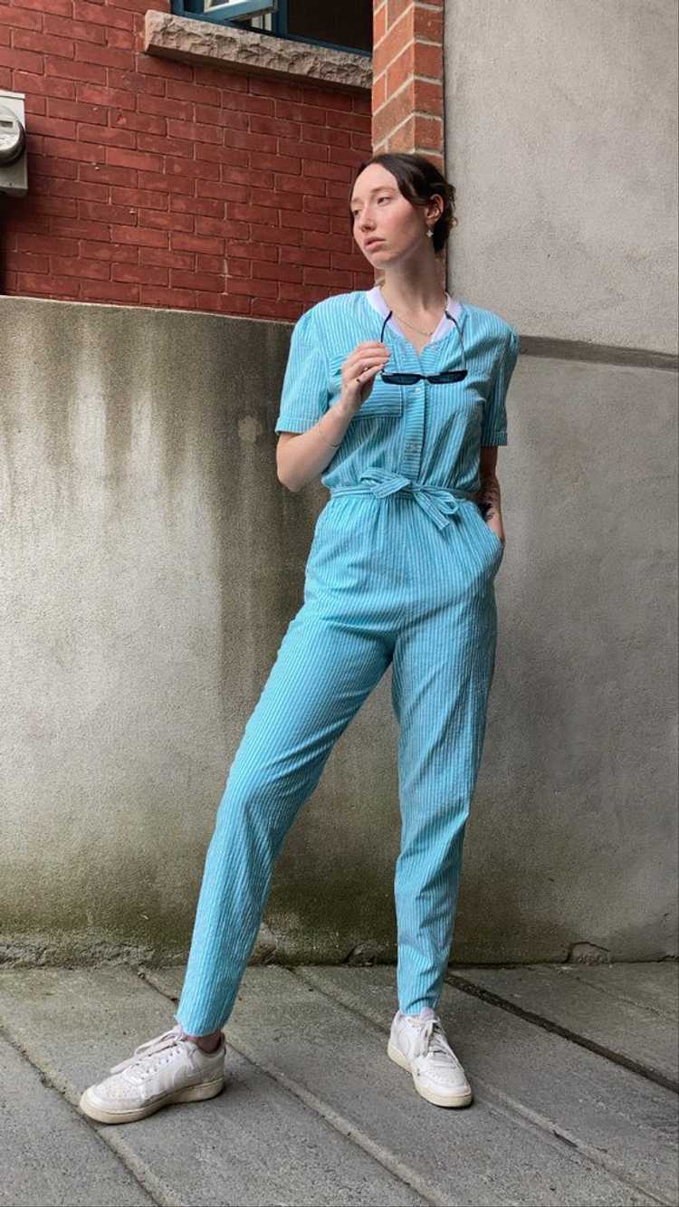 Vintage Teal Pinstriped Jumpsuit - S - image 1