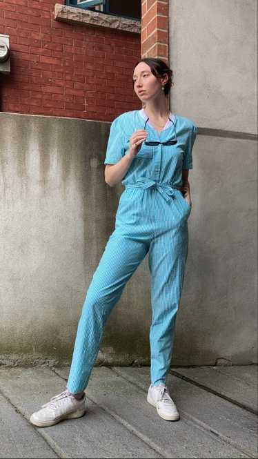 Vintage Teal Pinstriped Jumpsuit - S - image 1