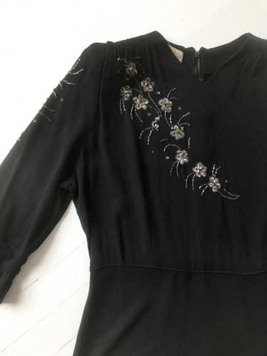 1940s Black Rayon Crepe Dress with Beaded + Sequin