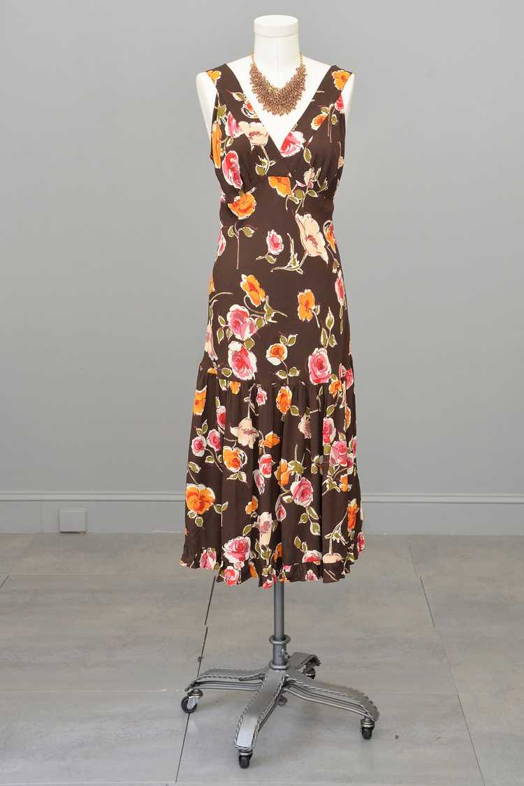 1970s or 90s doing 30s Brown Floral Print Bias St… - image 1