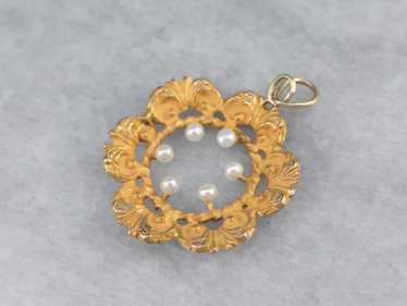 Vintage Painted Floral Cameo Pendant & Brooch Signed WMAC Faux Seed Pearl Border Open-work Goldtone