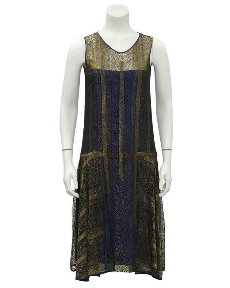 Gold and Navy Lace Art Deco Flapper Dress - image 2