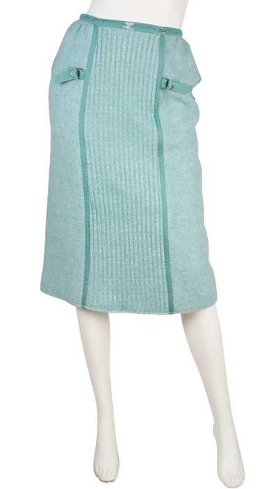 Courrèges 1970s Logo Blue Wool & Knit Skirt