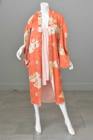 Japanese Kimono  Vintage Unused  Michiyuki Coat  Woven Cloud  Vermillion in color !00/% silk