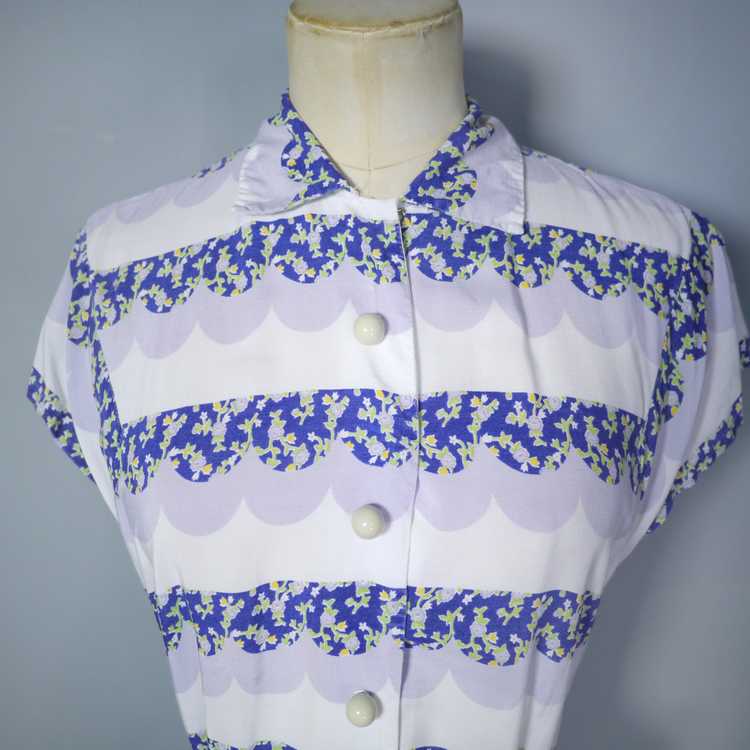 40s BLUE WHITE AND GREY TEA / SHIRT DRESS WITH SC… - image 11