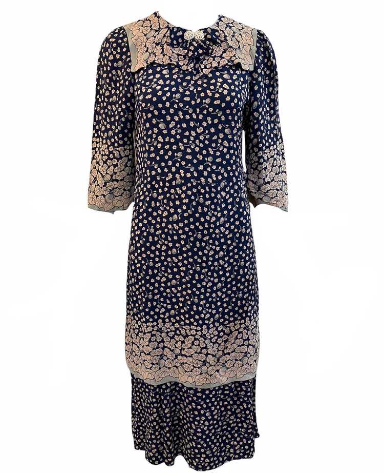 30s Blue Ditzy Floral Crepe Day Dress - image 1