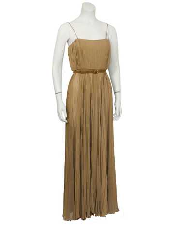 Bill Blass Mocha Chiffon Pleated Gown w/ Belt