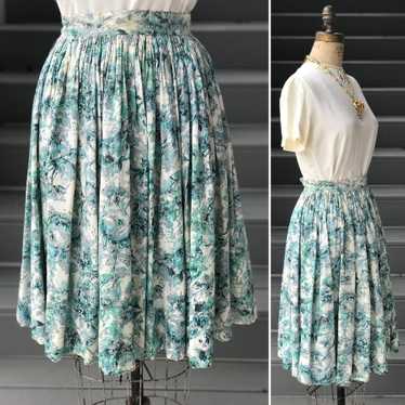 1950s Floral Skies Silky Full Skirt