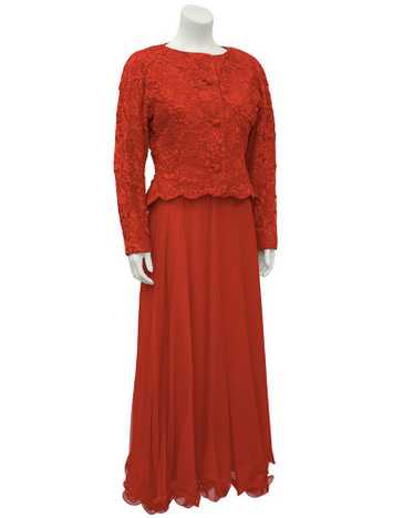 Scaasi Red Lace and Satin Gown With Jacket - image 1