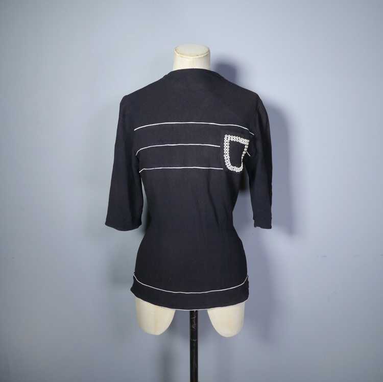 40s BLACK CREPE BLOUSE WITH WHITE PIPING AND STUD… - image 3
