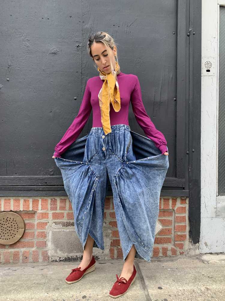 1980's Stonewash Gaucho Pants with Flaps and Metal St… - Gem
