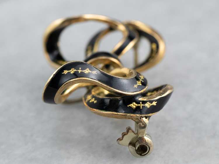 Vintage Black Enamel Gold Bow Brooch - image 5