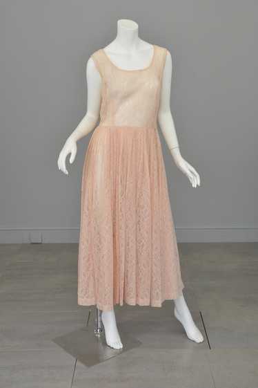 1940s 50s Sheer Light Pink Embroidered Lace Gown