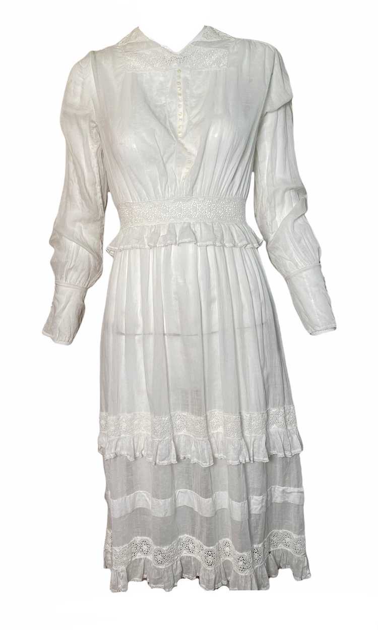 Edwardian/Early 20s White Lawn Dress with Ruffle … - image 1