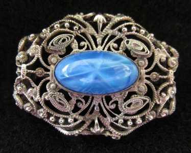 Vintage Fancy Filigree Brooch Pin Blue Glass Faux… - image 1
