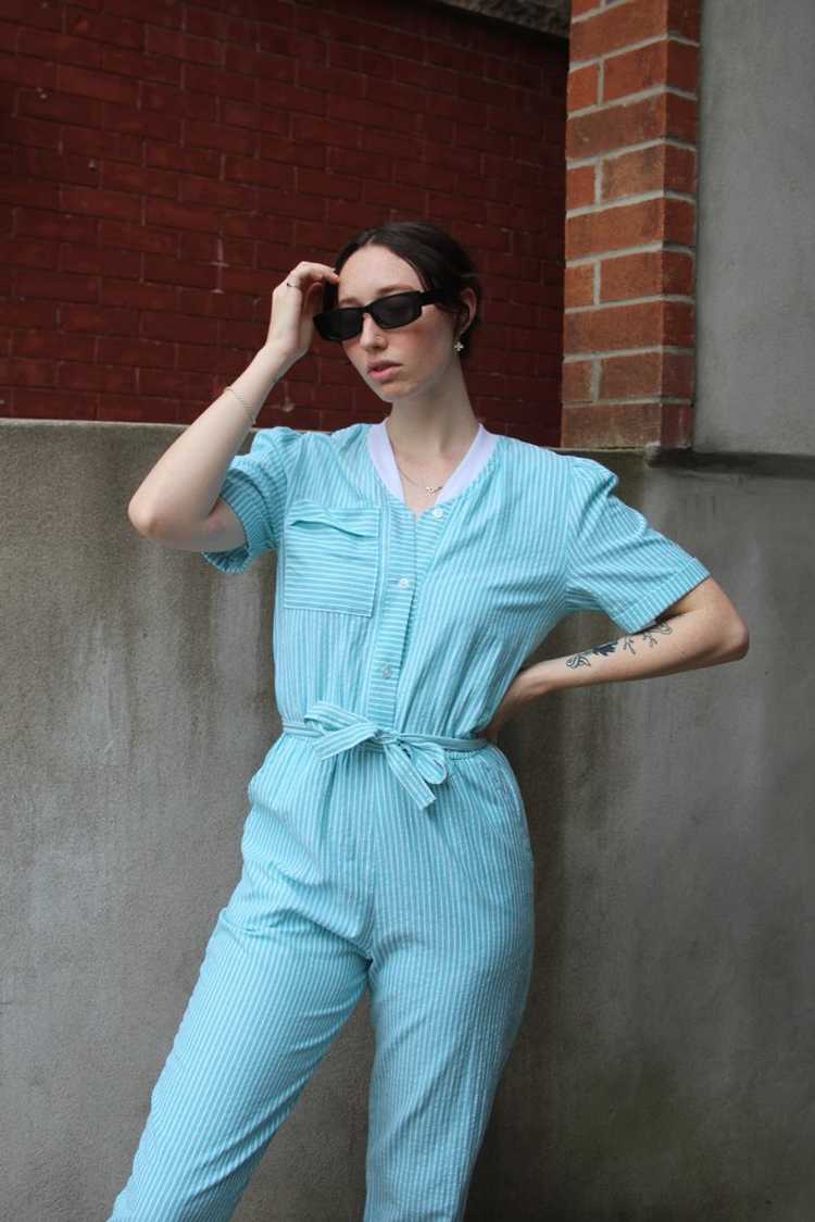 Vintage Teal Pinstriped Jumpsuit - S - image 3