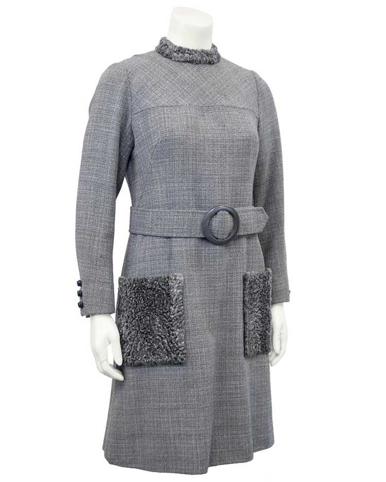 Grey Wool Weave Shift Dress with Persian Lamb Det… - image 1